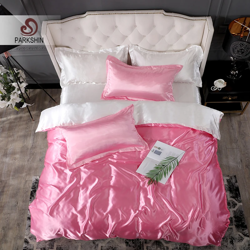 Паркшин розовый пододеяльник набор белое покрывало двойная королева атласный