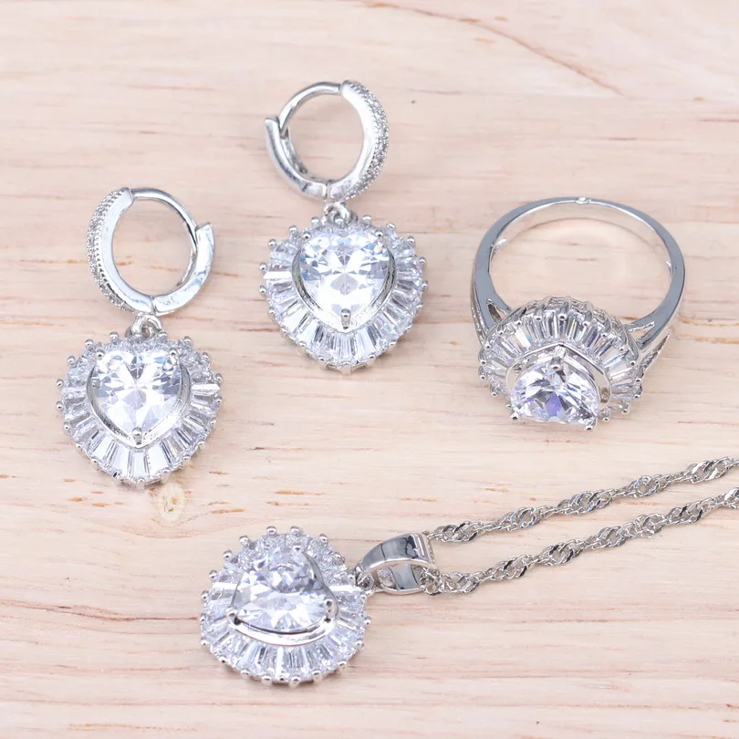 Сердце женский серебряный ювелирные изделия белые циркониевые ожерелья и серьги