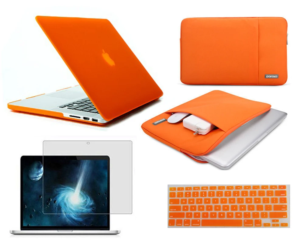 Для Macbook Pro 13 15 Air 11 13 retina 12 Touch Bar 13 15 дюймов Сумка для ноутбука жесткий чехол+ сумка на рукав+ чехол для клавиатуры+ защита экрана - Цвет: Orange