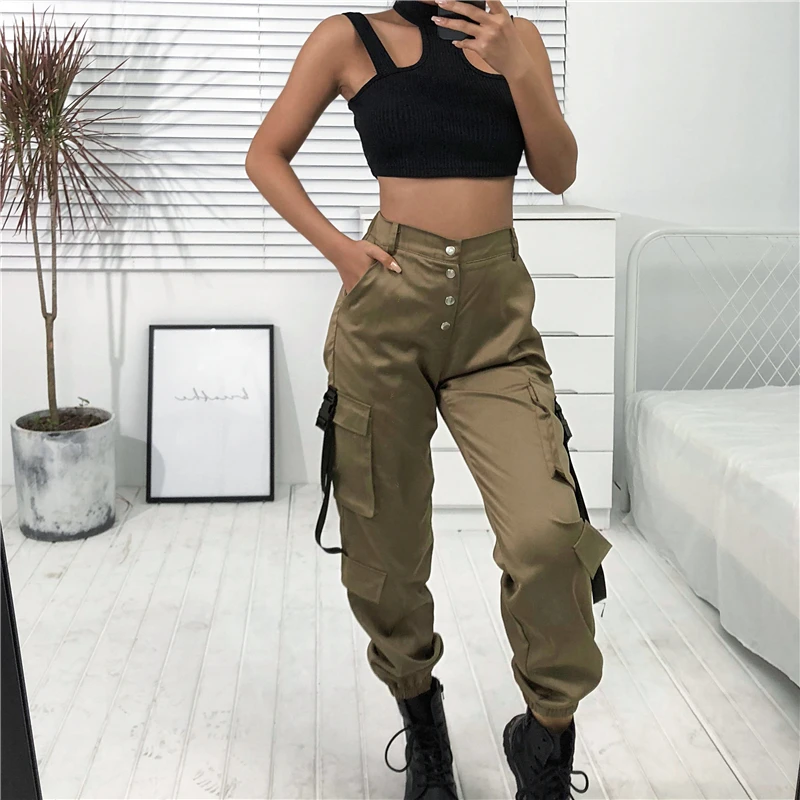 HEYounGIRL Харадзюку панк Брюки карго женские Лоскутные пряжки высокая Талия Брюки повседневные уличные спортивные штаны и джоггеры женские