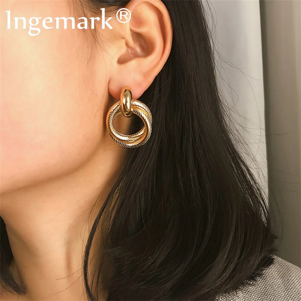 Ingemark панк, большие двойные круглые Висячие серьги для женщин, корейская мода, металлические геометрические Круглые Серьги Brincos, ювелирные изделия, подарки