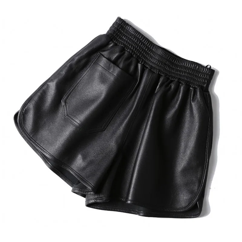 Sheepskin Shorts Women Loose Large Leather Woman Short Pants High Waist Wide Leg Elastic Waist Wear Black Leather Lady Shorts
