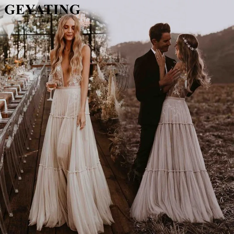 Vestidos Novia винтажные кружевные аппликации свадебное платье цвета шампань Boho пляжные свадебные платья сексуальные глубокий v-образный вырез с открытой спиной Robe de Mariee - Цвет: Same as picture