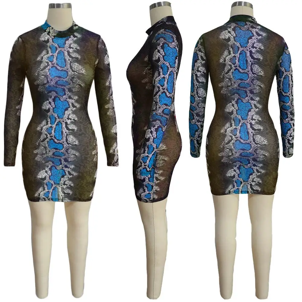 

Women Party Club Dress Summer Sexy Sheer Mesh Bodycon Mini Dress Casual Snake Print Bandage Long Sleeve Dresses Elegant Vestidos