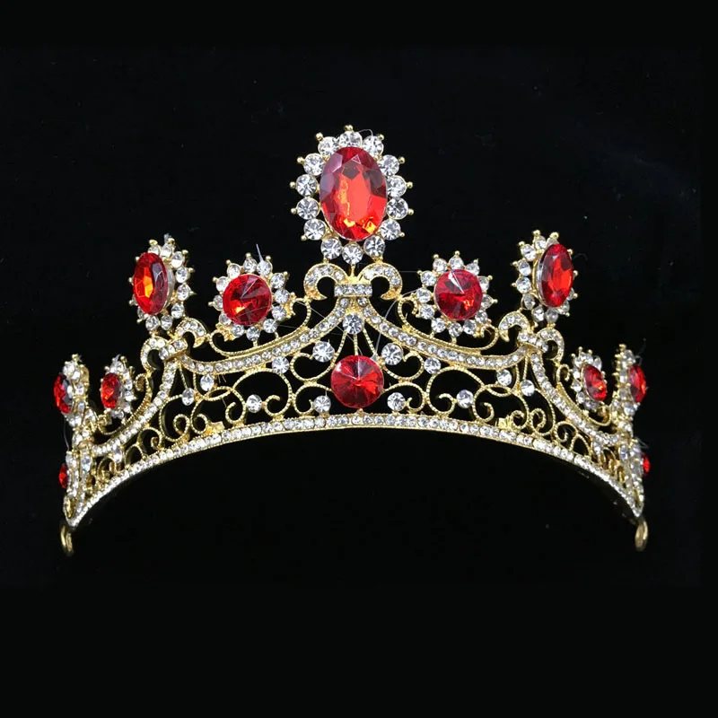 

SLBRIDAL Baroque Style Red Clear Rhinestones Crystal Bridal Tiara Wedding Crown Alloy Queen Princess Tiara Women