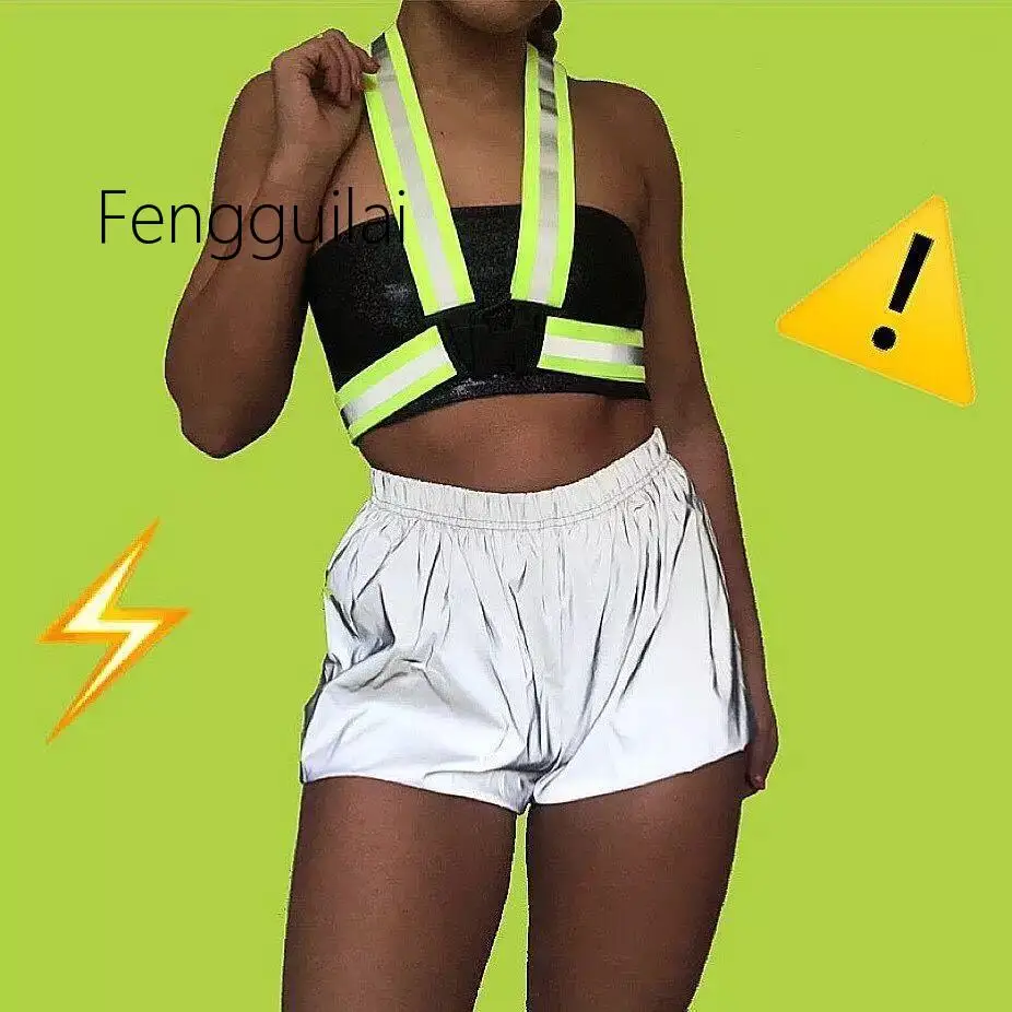 

2019 Night Light Reflective Shorts Women Hip Hop Shiny Short Pants Casual Shorts Solid Color Low waist Elastic Waist Sexy Shorts