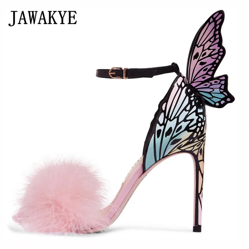 pink feather Элегантные розовые женские босоножки с перьями и крыльями бабочки вечерние туфли на очень высоком тонком каблуке с открытым носком женские сандалии-гладиаторы - Цвет: pink feather