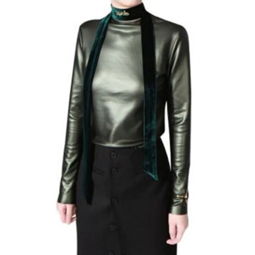 Gothic Black PU T Shirt Women Autumn Top Office Lady Simple Winter Fleece Warm Windbreaker Fashion High Street Casual Shirts | Женская