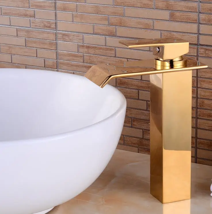 Бесплатная доставка высокий водопад Широкий носик Золотой стиль латунный