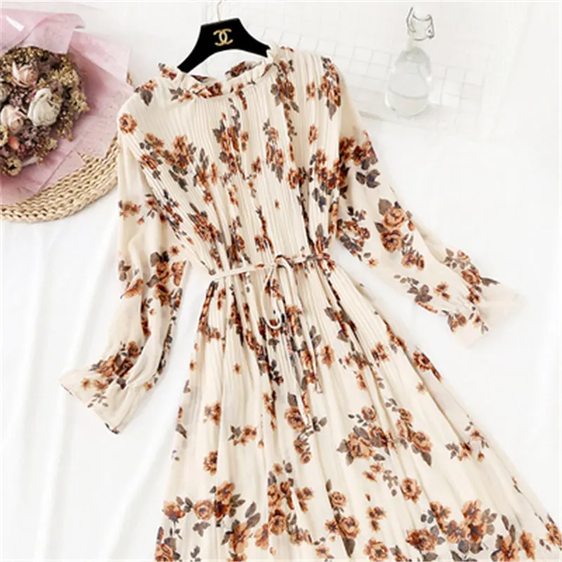 

Floral Print Chiffon Dress24 Colors Women Spring Flare Sleeve Ruffle Pleated Long Dress Elastic Waist Vintage Femme Vestidos 86