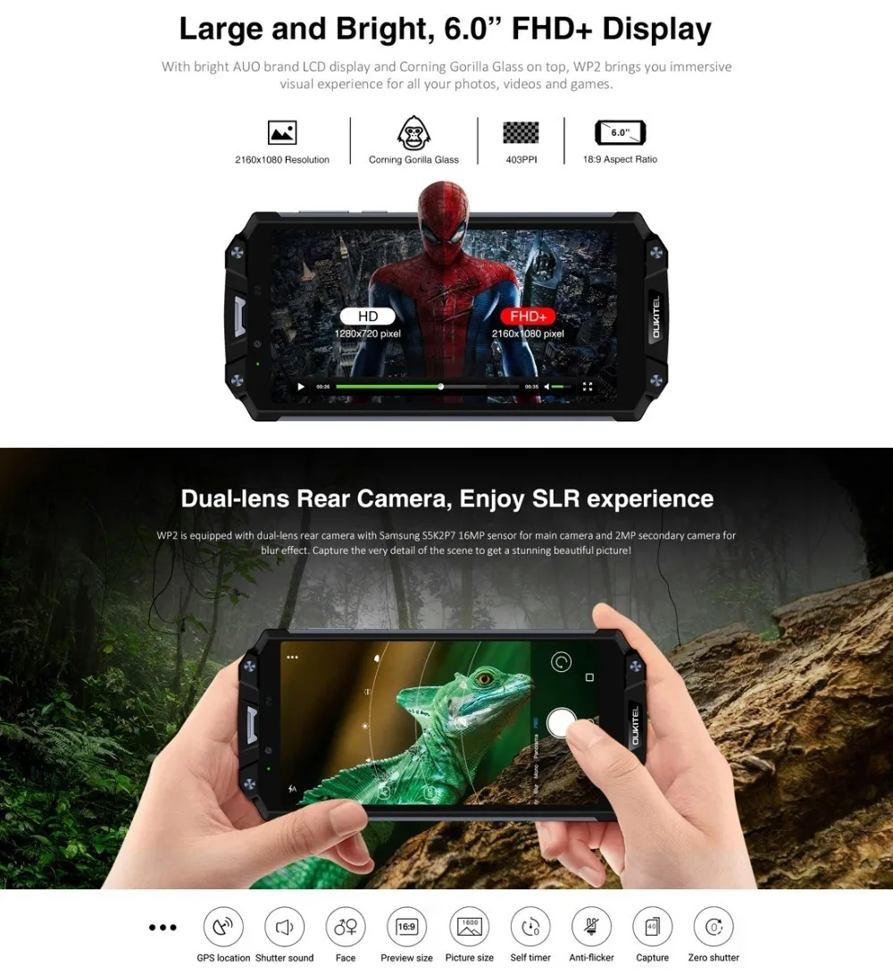 OUKITEL WP2 10000 мАч IP68 водонепроницаемый ударопрочный мобильный телефон Android 8,0 4 Гб+ 64 Гб Восьмиядерный 4G смартфон 16MP NFC сотовые телефоны
