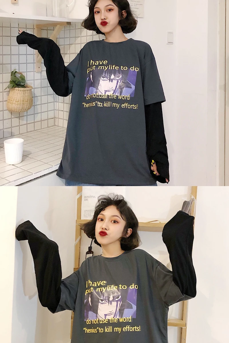 Camisetas Mujer, осенняя женская футболка, Корейская уличная футболка Ulzzang Harajuku с мультяшным принтом, футболка с длинным рукавом, женские топы