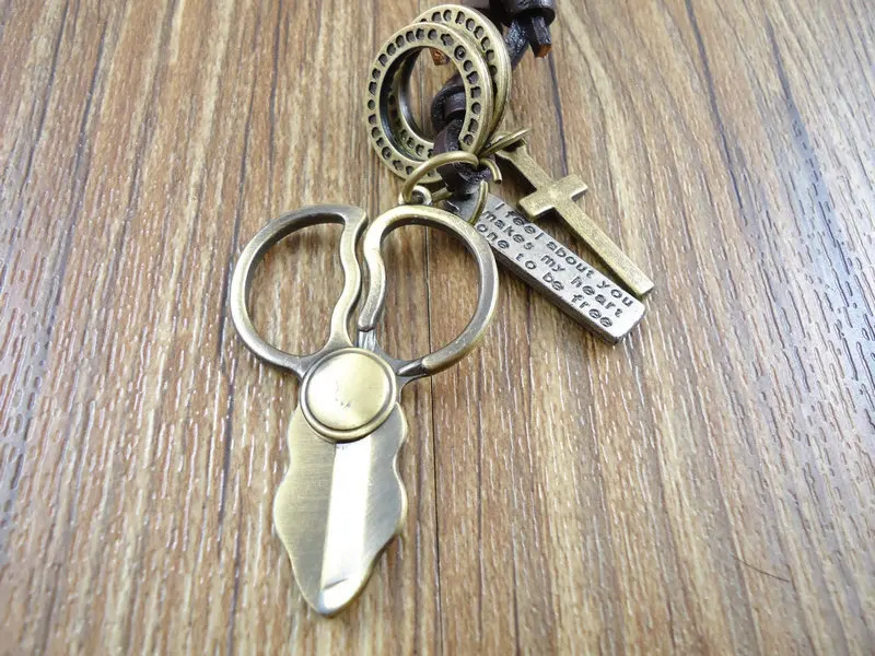 2015 модное винтажное ожерелье с подвеской в виде ножниц из натуральной кожи для