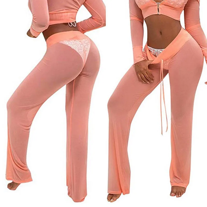 

Sexy Women Perspective Mesh Sheer Wide Leg Trousers High Waist Long Loose See Through Beach Pants Pure Color Transparent Trouser