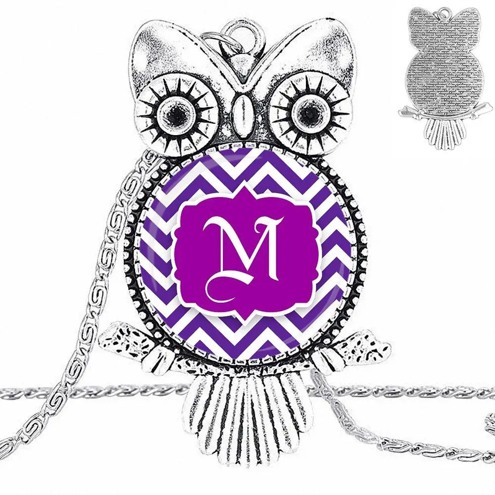 EJ Glaze Monogram Purple Chevron Jewelry Plated Glass Cabochon Choker Long Pendant Owl Necklace For Women Men Party | Украшения и