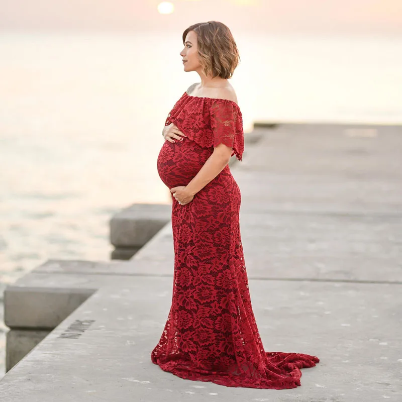 Maternity Photography Props Clothes For Pregnant Women Lace Shoulderless Tailed Dress Photo Shoot Pregnancy | Мать и ребенок