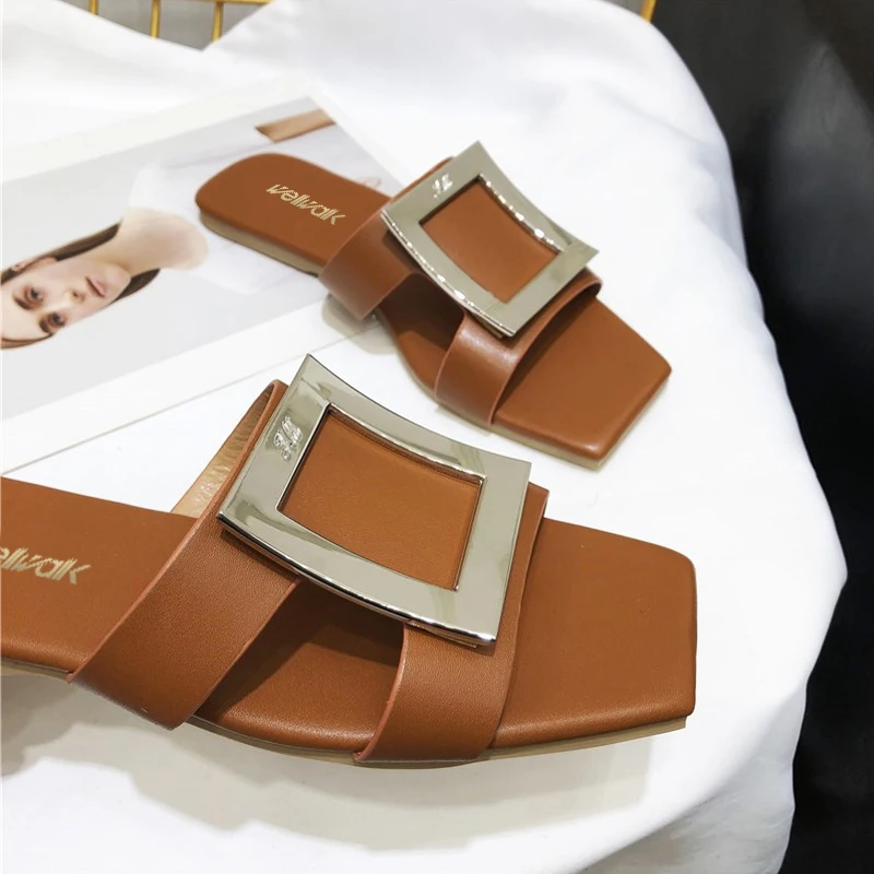 Wellwalk/домашние тапочки на плоской подошве с пряжкой женские шлепанцы без шнуровки