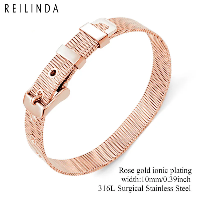 8mm/10mm/18mm Stainless Steel Mesh Wristband Bracelet DIY Slide Charms Bracelets For Women Men Gift - Окраска металла: 10mm Rose Gold