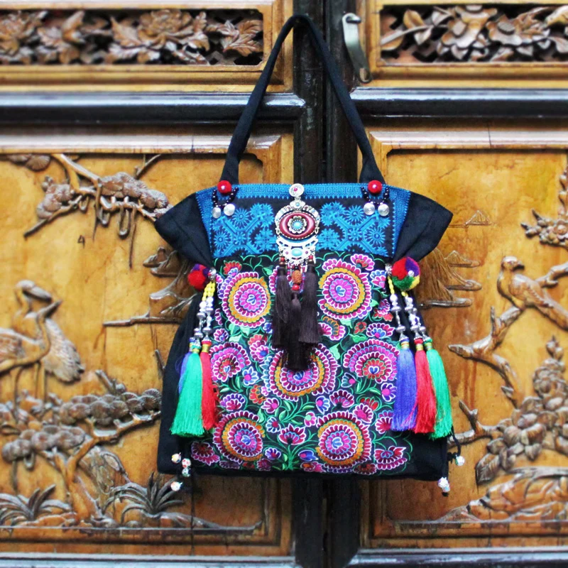 Супер большой 50 см Этническая сумка с вышивкой Hmong Boho Thai Tassel Вышитые Сумки