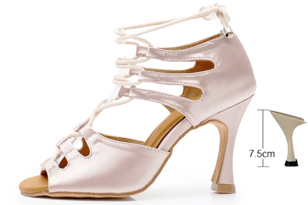 skin heel 75mm DILEECHI/Обувь для латинских танцев на шнуровке; женская Обувь для бальных танцев; широкая/узкая обувь для сальсы; обувь на Кубинском каблуке 9 см; обувь из кожи/бронзы и атласа - Цвет: skin heel 75mm