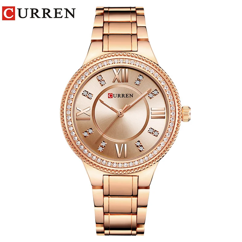 

Women's Fashion Watches Curren Brand Luxury Gold Stainless Steel Quartz Watch Ladies Dress Rhinestone For Women Wristwatches