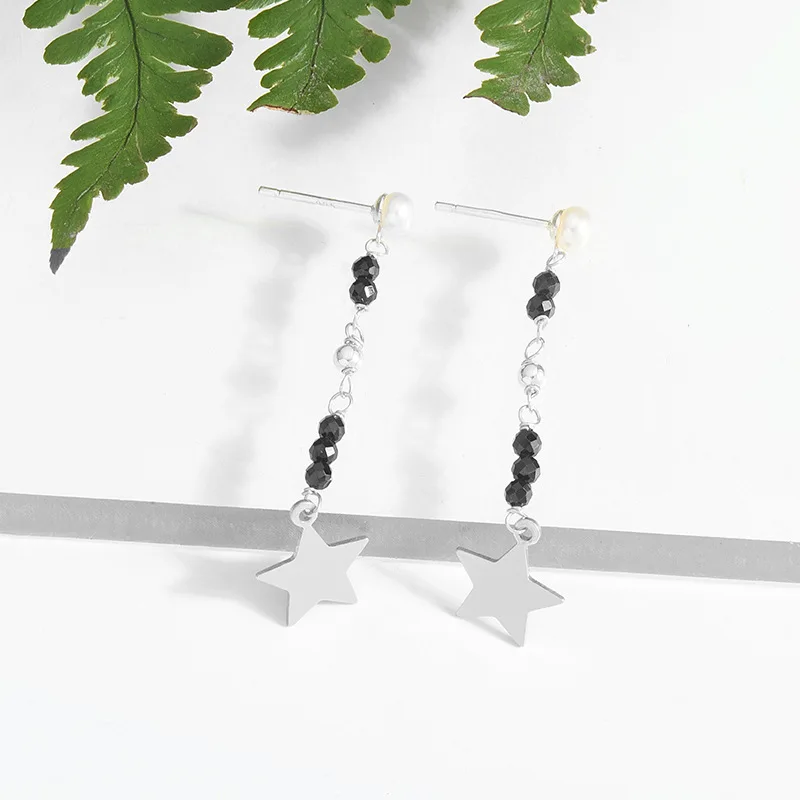 INALIS New Elegant Drop Earrings 925 Sterling Silver Star Pendant with Natural Pearl Black Pink Stone Dangle Brincos for Women | Украшения