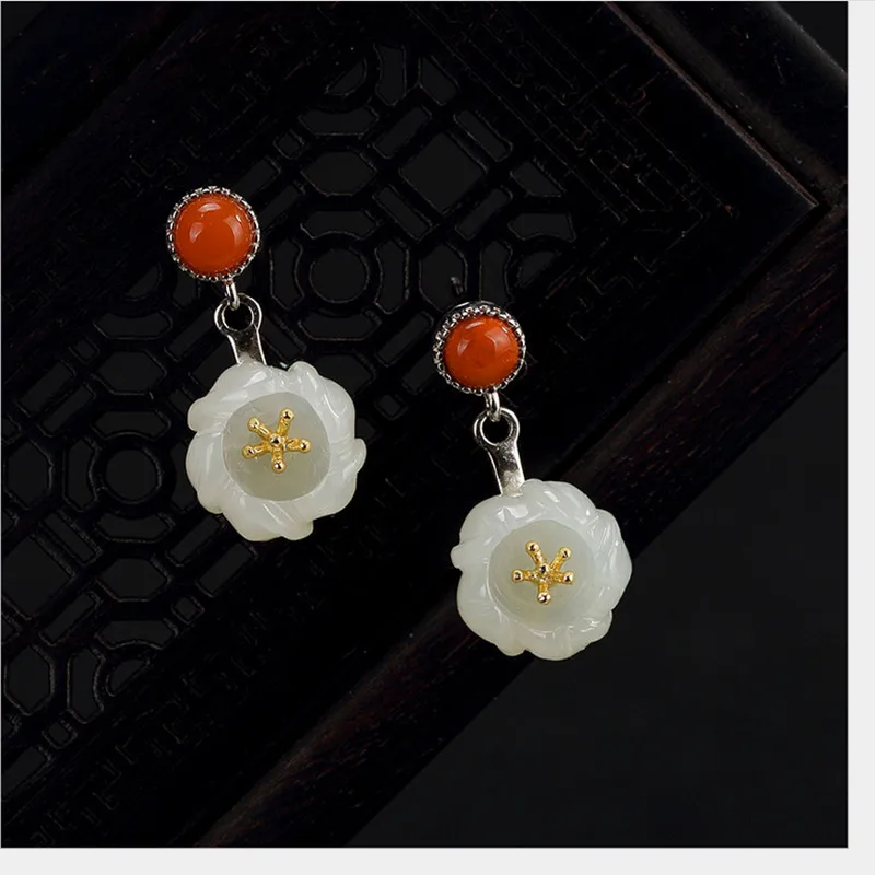 Женские серьги с цветами из натурального белого нефрита цветком серебра 925 пробы