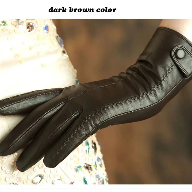 dark brown buckle KLSS Брендовые женские перчатки из натуральной кожи, элегантные женские перчатки из овчины с пряжкой, высококачественные перчатки из козьей кожи K860 - Цвет: dark brown buckle