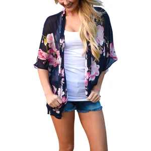 Женская модная летняя блузка, винтажный шифоновый кардиган кимоно с цветочным принтом, прозрачная Повседневная накидка, Пляжная шаль
