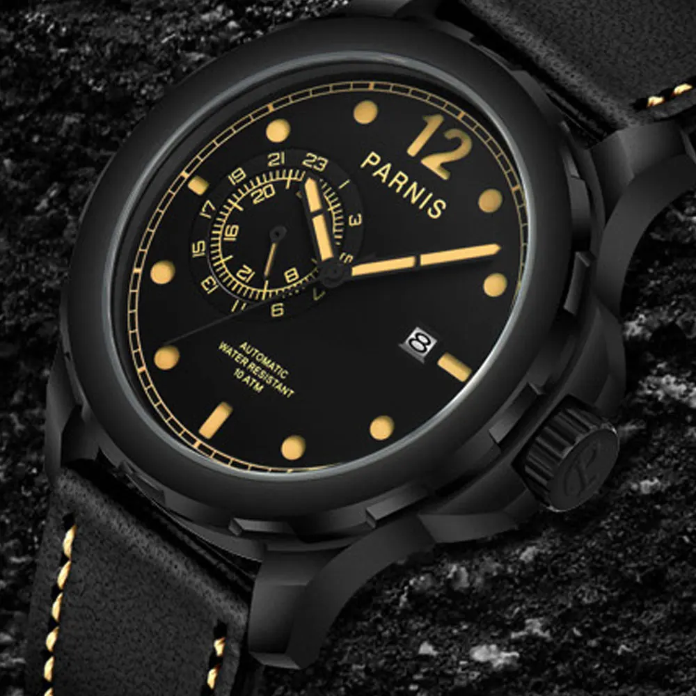 Распродажа механические часы Relojes Parnis 44 мм кожаный ремешок турбийон