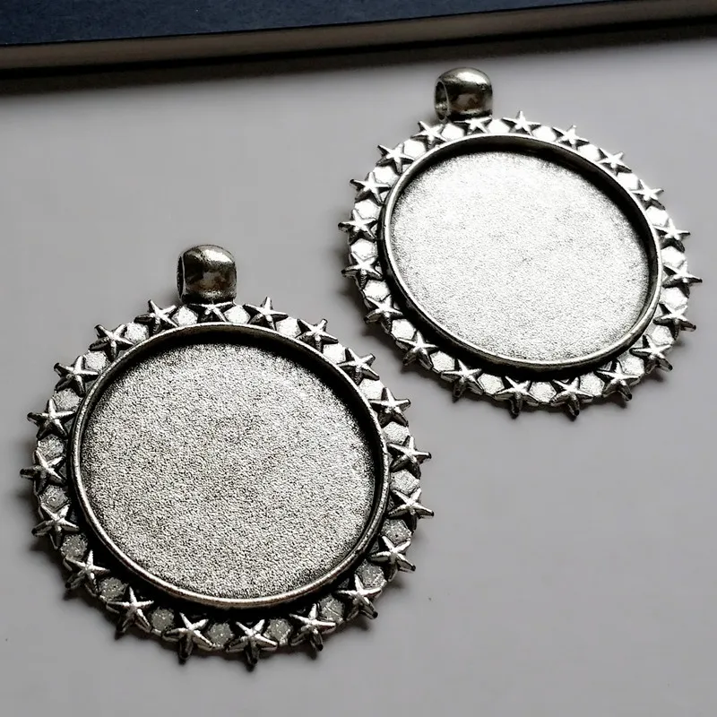 

30pcs) 35x40MM inner size:25mm Alloy/Metal Antique Silver Round Pendant Cameo cabochon Necklaces Setting