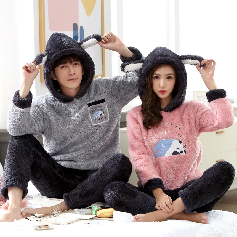 JINUO New Arrival Products Winter Plush Thicken Pajama Sets Lovers Cartoon Sleepy Panda Warm Soft Home Wear Sleepwear | Мать и ребенок