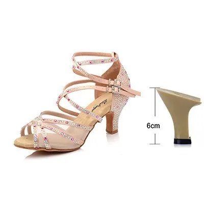 Apricot 6cm Ladingwu/Женская обувь для танцев; фиолетовые атласные стразы; обувь для латинских танцев; женская обувь для сальсы; Обувь для бальных танцев - Цвет: Apricot 6cm