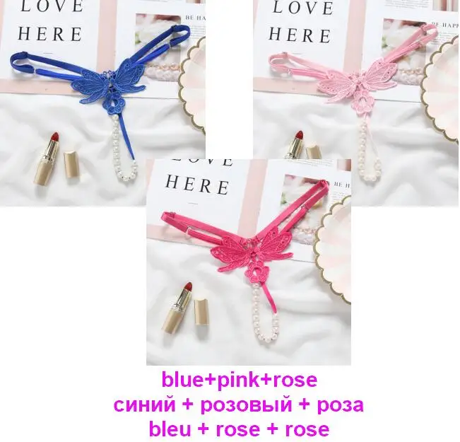 blue pink rose 2146 Женские трусы, сексуальные трусики с жемчужинами, ropa interior femenina, нижнее белье, Милые стринги с аппликацией, открытые сексуальные трусики, 6 цветов, XXS-XL - Цвет: blue pink rose 2146