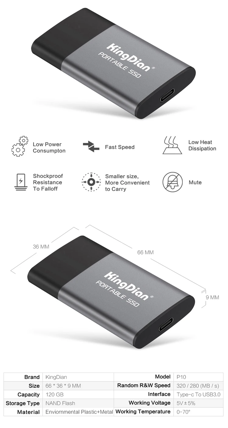 KingDian внешний портативный SSD 120 ГБ жесткий диск USB TYPE-C HDD диск с трехлетней гарантией