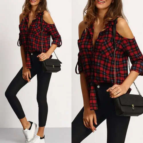 Хит 2017 Женская клетчатая красная блузка топы с открытыми плечами рубашка длинным