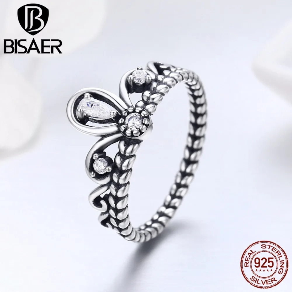 BISAER подлинные 925 пробы Серебряная корона принцессы свадебные женские CZ кольца для женщин обручальные ювелирные изделия Anel S925 ECR337