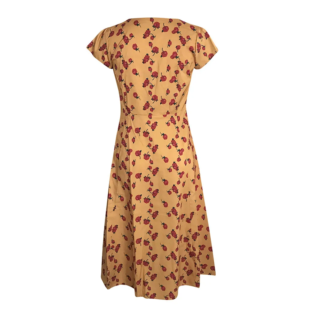 Женское длинное платье с цветочным принтом коротким рукавом и разрезом | Женская