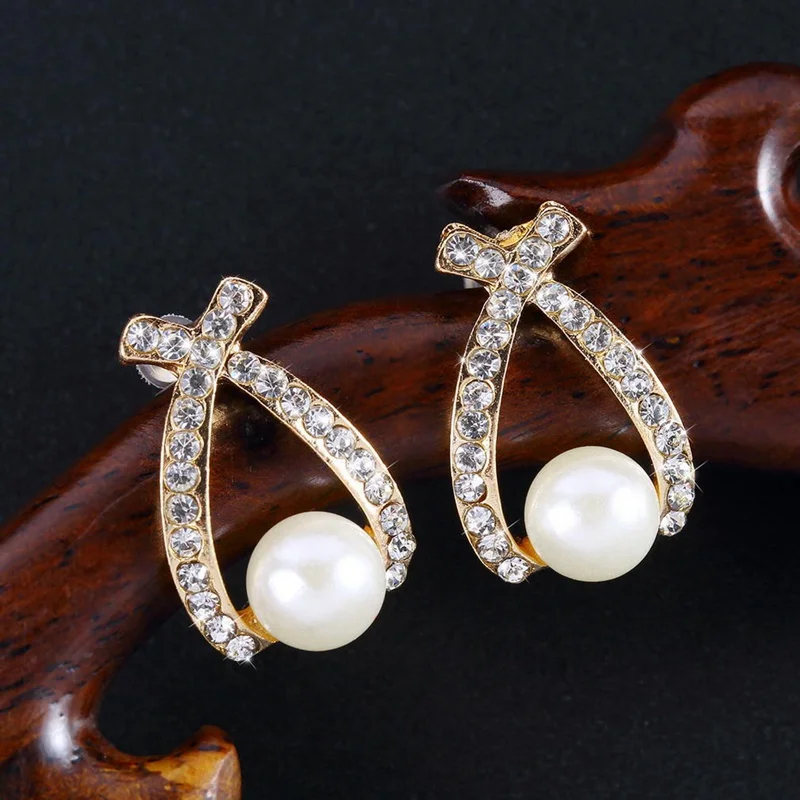 FUNIQUE 2018 Simulate Pearl Rhinestone Stud Earrings For Women New Cross Crystal Earings Party Wedding Jewelry Gift Brinco | Украшения и