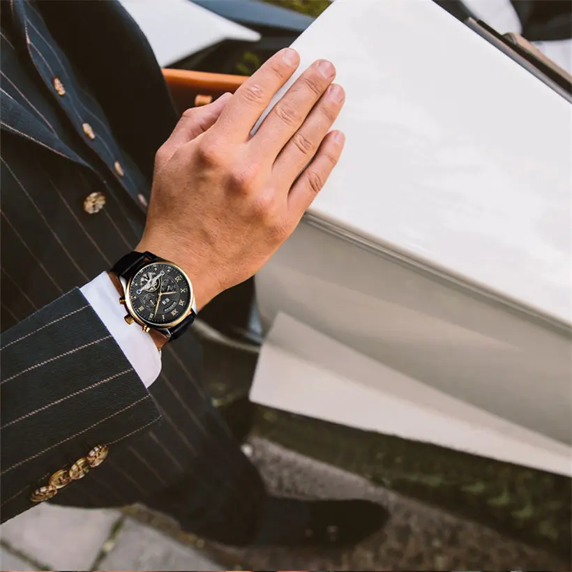 BINSSAW модные роскошные брендовые кожаные часы Tourbillon Автоматические Мужские