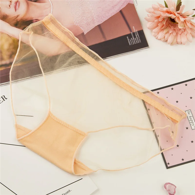 Apricot Plus size Women Panties Sexy Lace Thongs Ultra-thin mesh Transparent lingerie Women's Soft Briefs Bow Panty Underwear 00 - Цвет: Apricot
