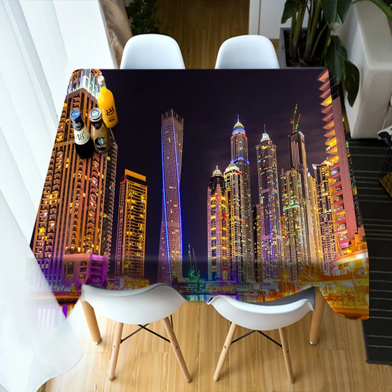 

Europe style 3D Round Tablecloth City Lights Night View Pattern Washable Polyester Thicken Cotton Rectangular Dining Table Cloth