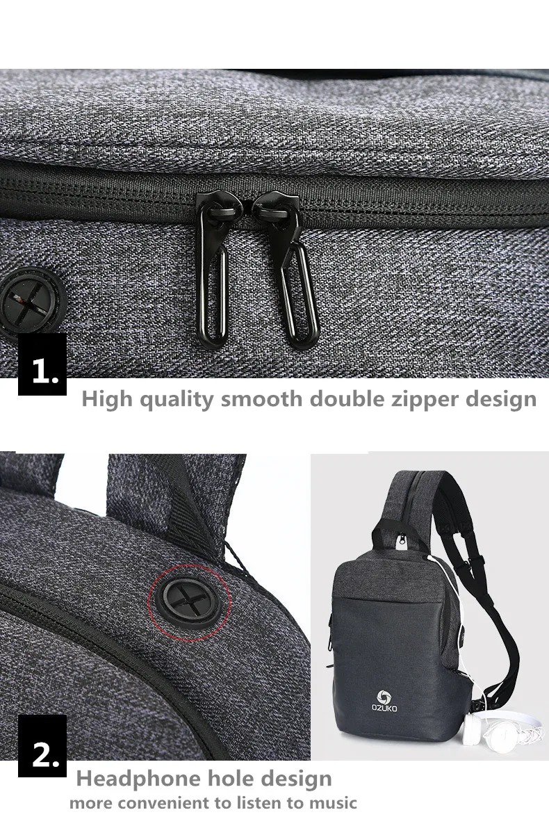 OZUKO Multifunction Shoulder Crossbody Bag Waterproof Messenger Bags Chest Pack Men Fashion Male Chest Bags USB Charging Travel