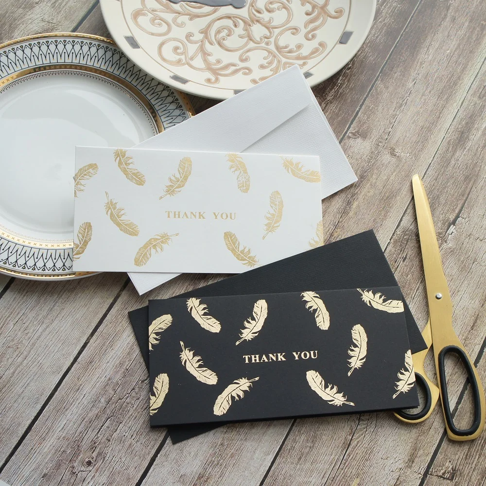 12set black white Gold Theme feather star thank you Card Wedding Birthday Valentine Party Invitation with Envelope Gift Message