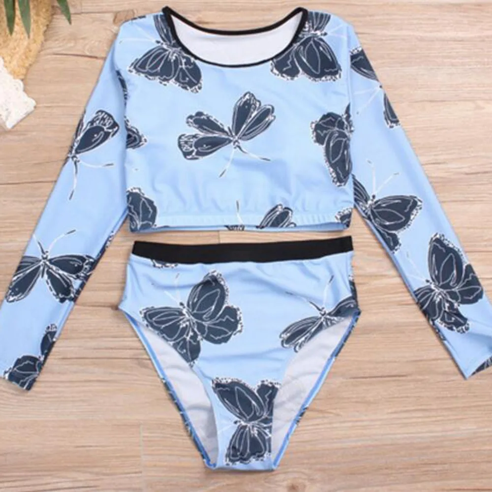 

PLUS size long sleeve bikini set print high waisted swimsuit large sizes Plus Size Swimwear women long sleeve swimsuit women