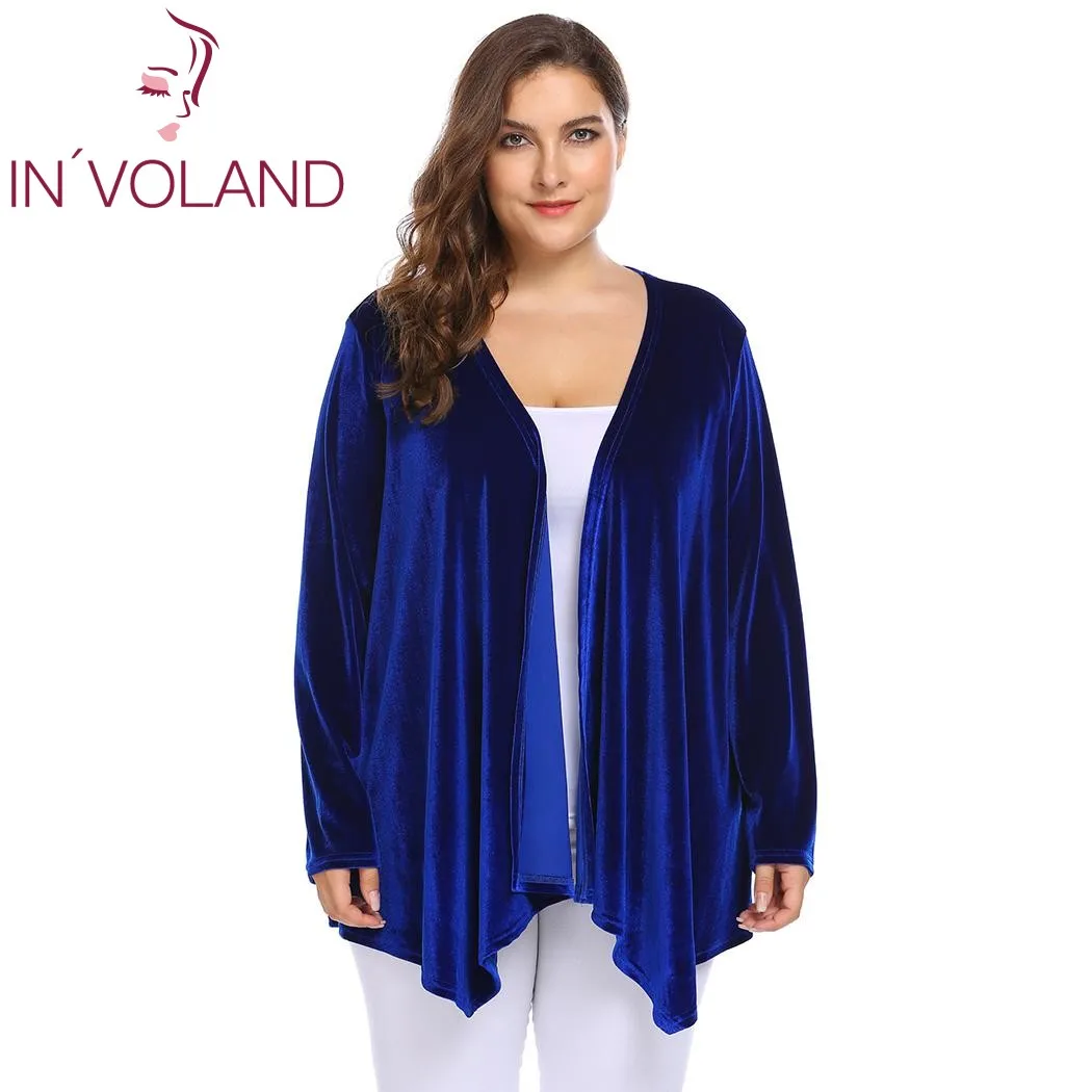IN'VOLAND Big Size 4XL Women Sweater Cardigan Autumn Spring Long Sleeve Open Front Velvet Draped Casual Lady Plus Tops |