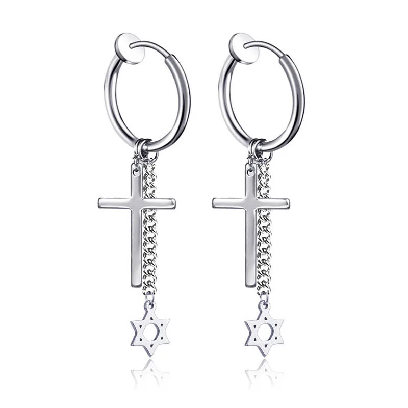 G Silver 2 предмета, модная из нержавеющей стали клип серьги крест звезда кисточкой кулон для Для женщин простота хип-хоп уха ювелирные подарки - Окраска металла: G Silver