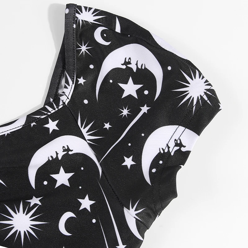 WannaThis Moon Stars Печатный укороченный Топ для женщин короткий рукав кроп Топы Черный готичный панк стиль Глубокий v-образный вырез Тонкий Повседневный сексуальный топ топы