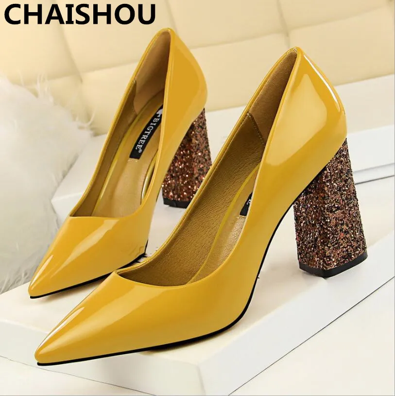 yellow CHAISHOU2018 женские блестящие туфли-лодочки на высоком каблуке 8 см; женские пикантные туфли на массивном каблуке; Tacones; женская элегантная обувь для вечеринок; Scarpin; F-169 - Цвет: yellow