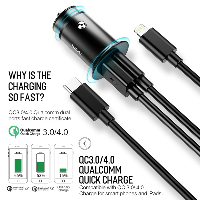 QC + PD SCP VOOC Quick Charge ROCK 4 в 1 30 Вт автомобильное зарядное устройство металлическое